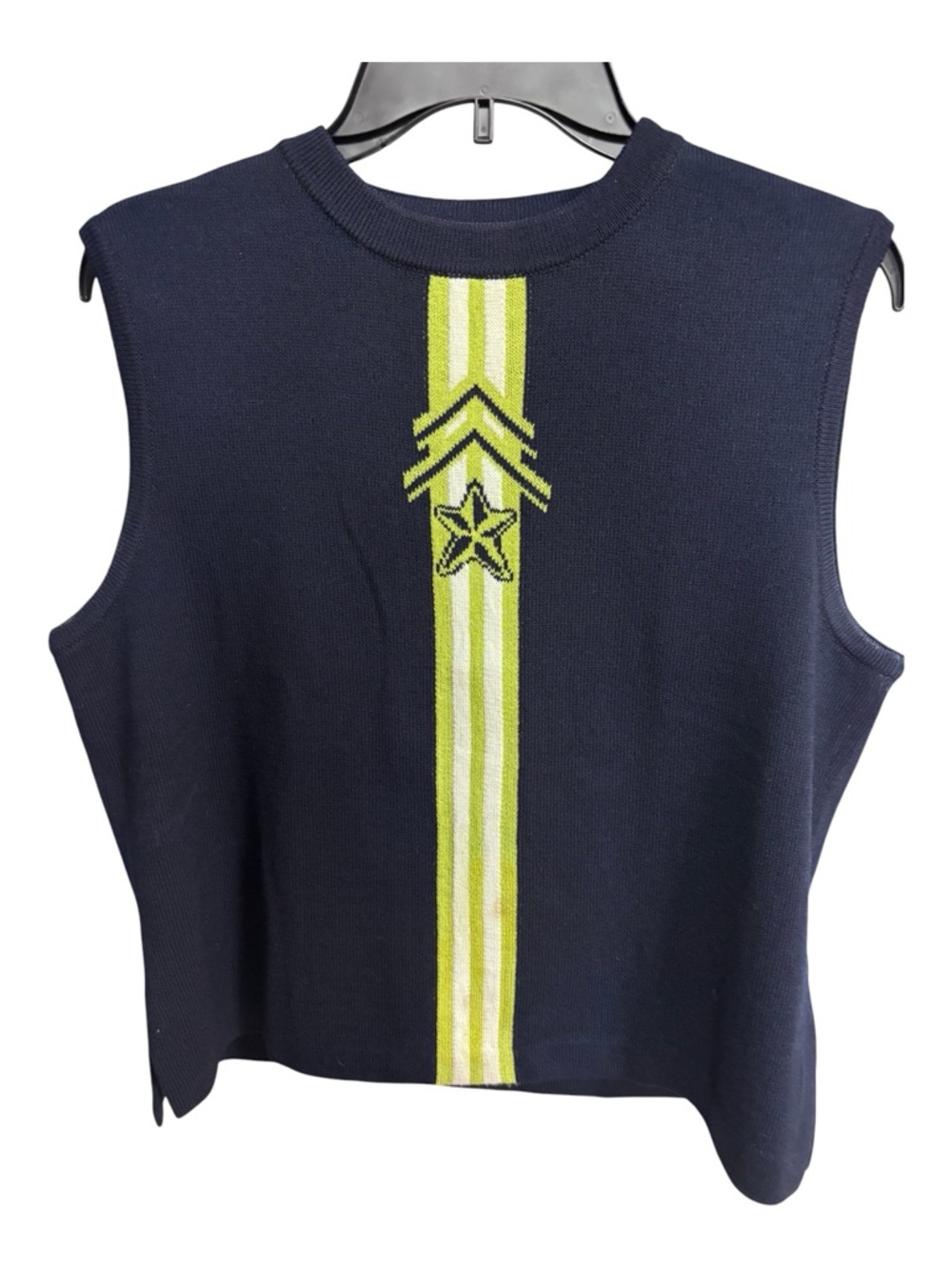 St. John Sport Marie Gray Navy Tank w Lime/White Racing Stripe & Star Sz L GUC